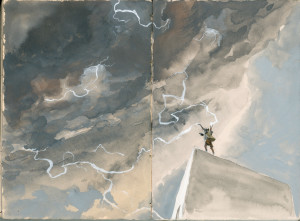 A watercolor by Seamus Heffernan.  In it, I am imagined as the "Weather God".  His daughter Fiona dubbed me thus...  